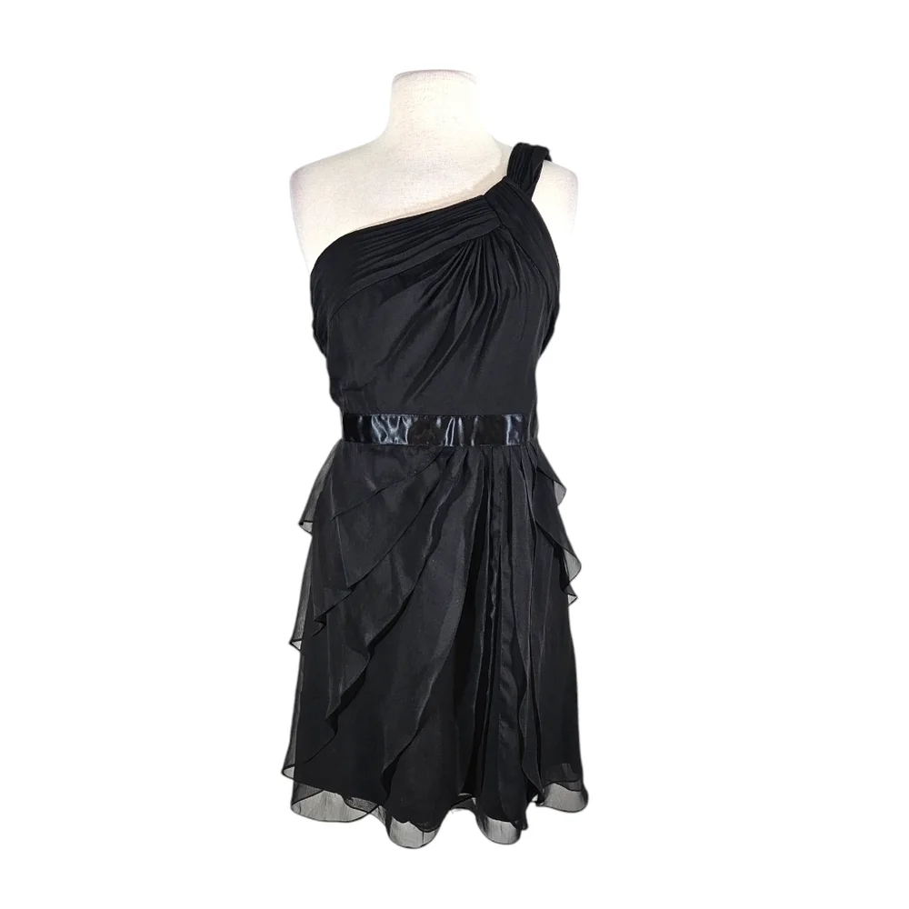 Adrianna Papell Flutter Chiffon Tiered Black One Shoulder Cocktail Dress